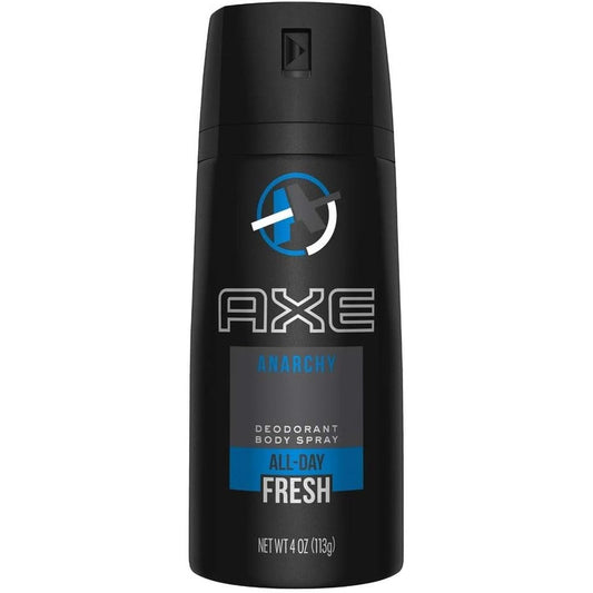 Axe Anarchy For Him Deodorant Body Spray front view pack of four showing authentic USA imported packaging.