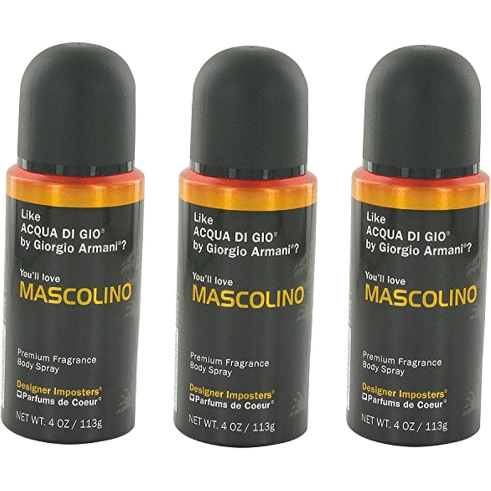 FQQF Parfums De Coeur Mascolino Body Spray Three Pack front view premium men's imported fragrance canister.