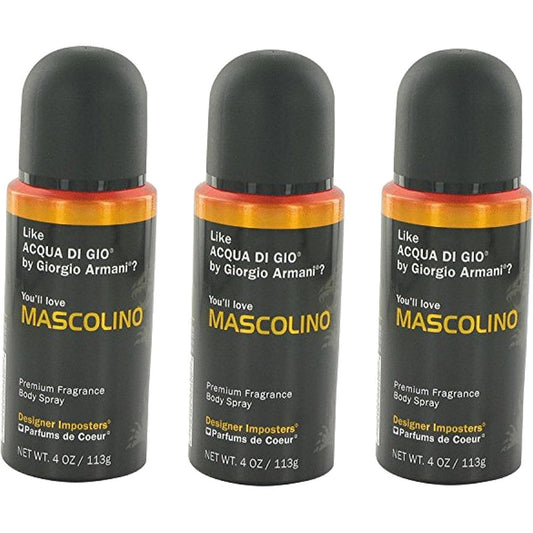 FQQF Parfums De Coeur Mascolino Body Spray Three Pack front view premium men's imported fragrance canister.