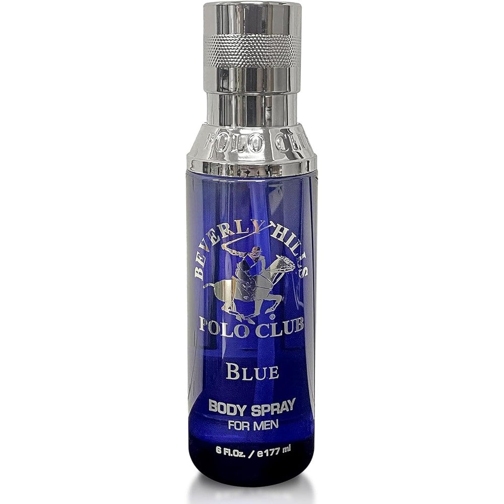 Beverly Hills Polo Club Blue body spray for men front view showing six ounce bottle design