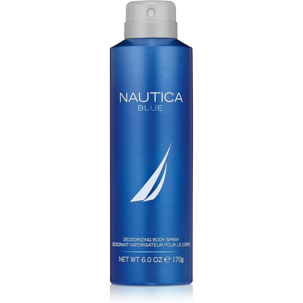 Nautica Blue Deodorant Body Spray for men front view showing blue can and white sail logo