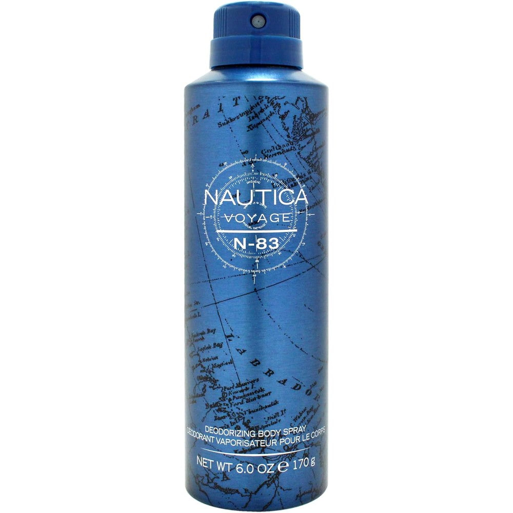 Nautica Voyage N-83 Deodorizing Body Spray front view featuring the iconic blue map-themed metal can