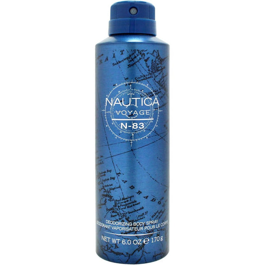 Nautica Voyage N-83 Deodorizing Body Spray front view featuring the iconic blue map-themed metal can
