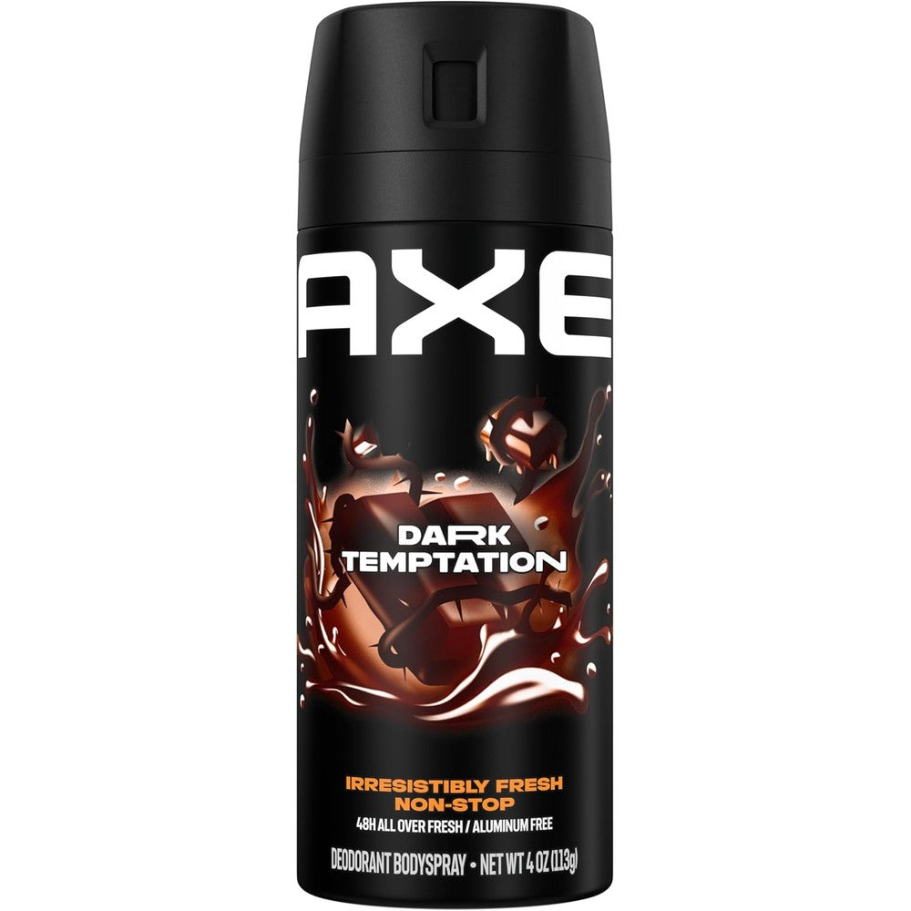 Axe Dark Temptation Deodorant Body Spray front view showing the four ounce bottle with chocolate graphics.