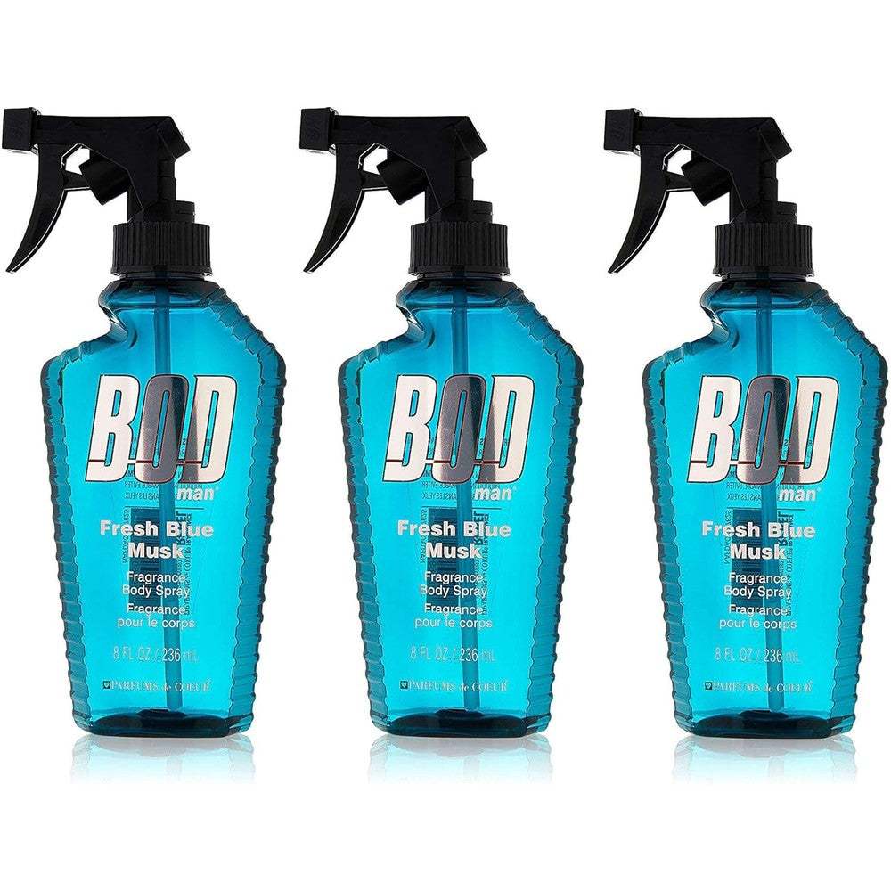 Parfums De Coeur BOD Man Fresh Blue Musk Fragrance Body Spray front view featuring the blue bottle and trigger nozzle design.