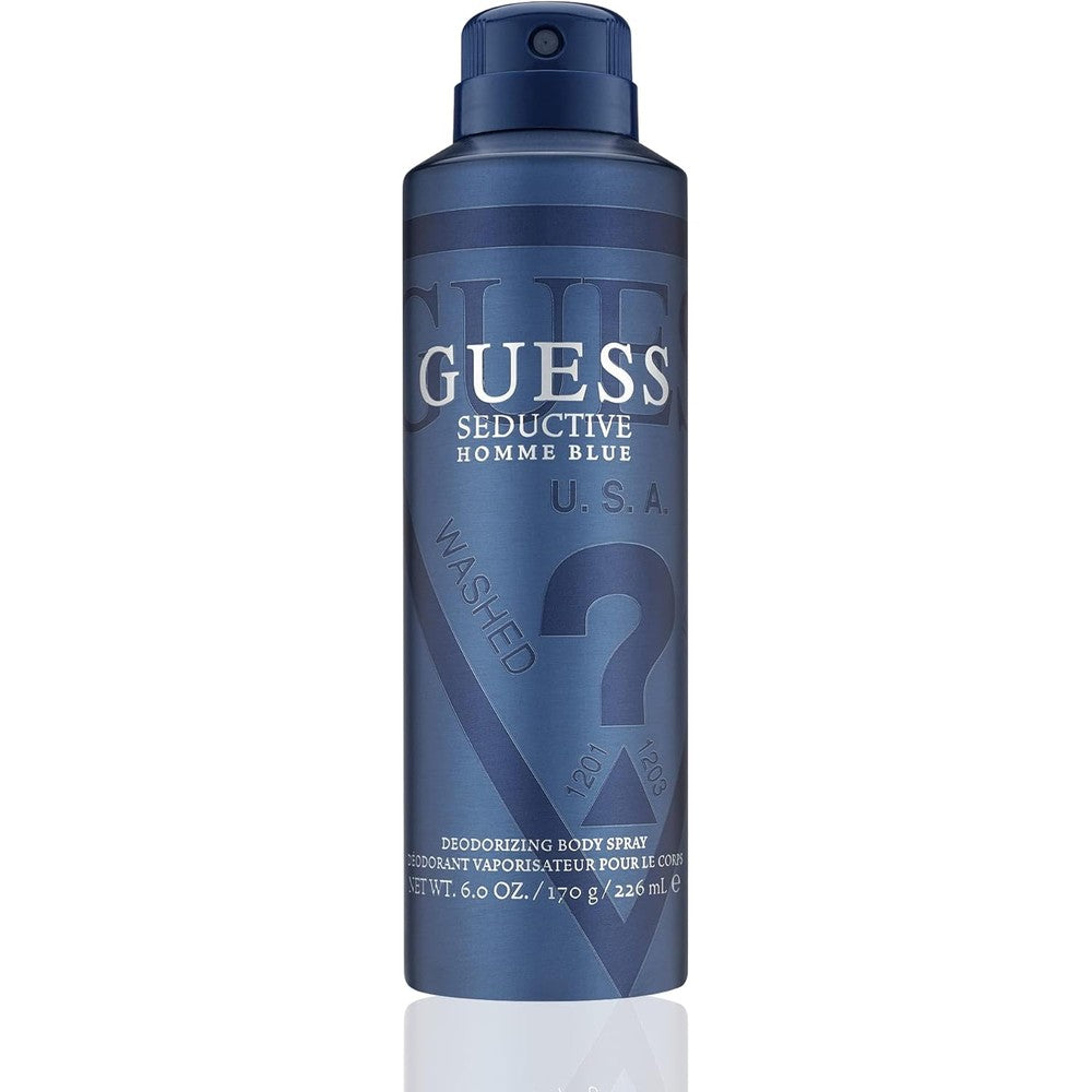 Guess Seductive Homme Blue Men Body Spray front view of the 6 Ounce aerosol can showcasing the authentic packaging design