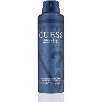 Guess Seductive Homme Blue Men Body Spray front view of the 6 Ounce aerosol can showcasing the authentic packaging design