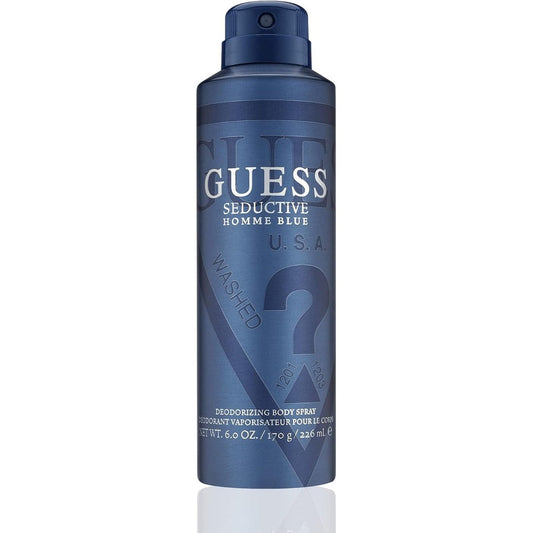 Guess Seductive Homme Blue Men Body Spray front view of the 6 Ounce aerosol can showcasing the authentic packaging design