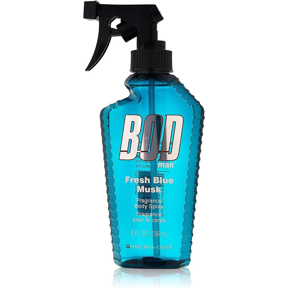 BOD Man Fresh Blue Musk Fragrance Body Spray front view of authentic eight ounce blue bottle with trigger nozzle.