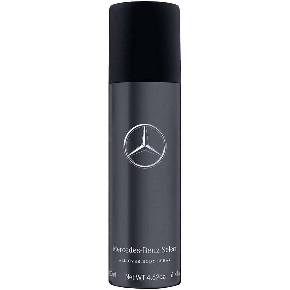 Mercedes-Benz Select All Over Body Spray 200ml front view showing sleek dark grey metal canister.