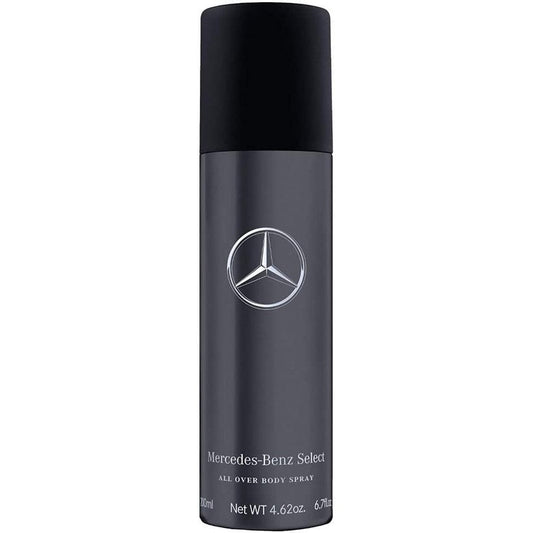Mercedes-Benz Select All Over Body Spray 200ml front view showing sleek dark grey metal canister.