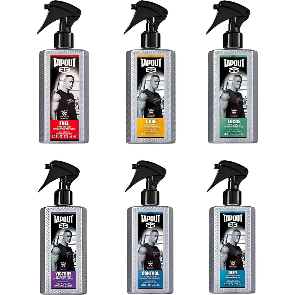 TapouT Body Spray for Men Fragrance Variety Set front view showing six colorful bottles