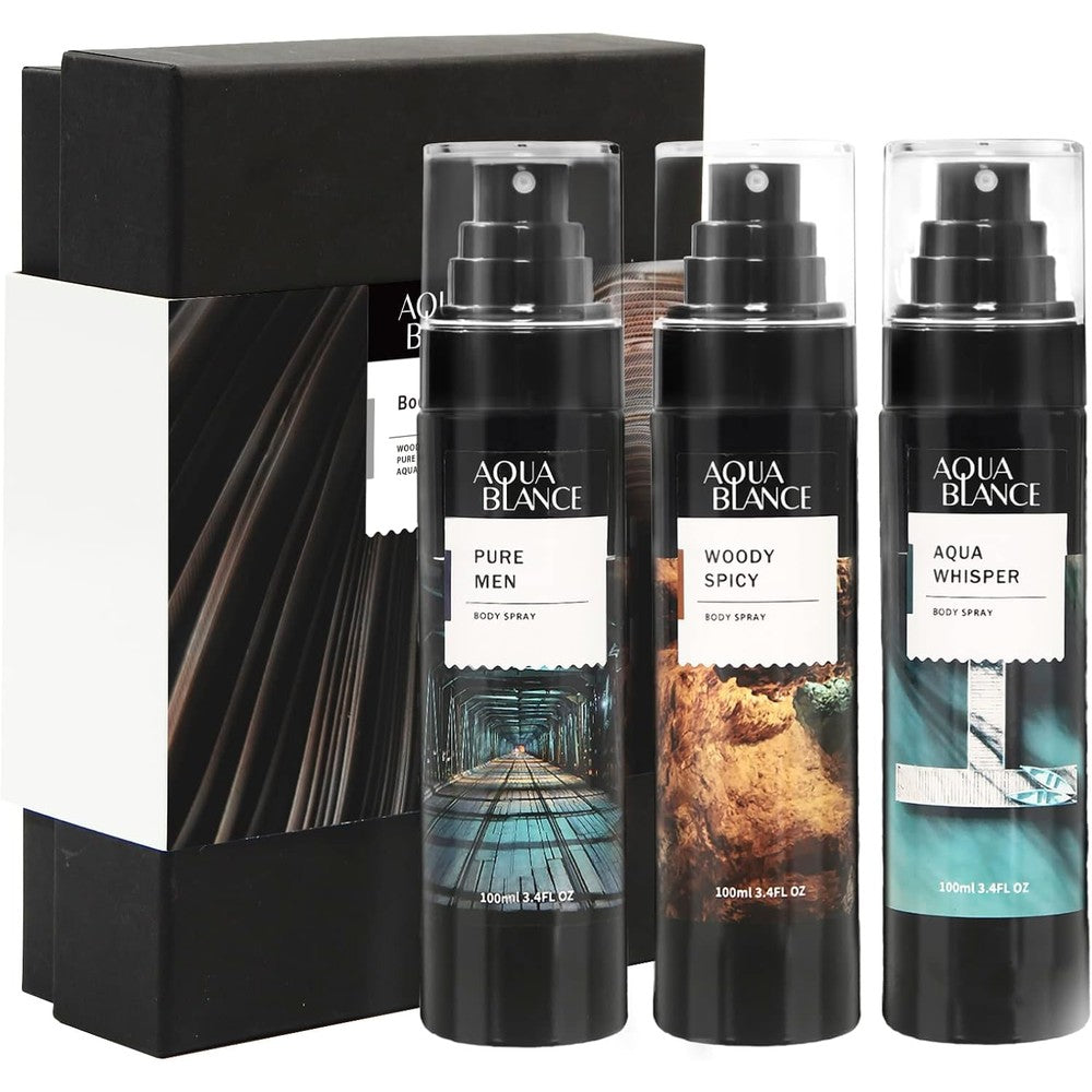 Aqua Blance fragrance mist body spray for men pack of three front view showing premium bottles