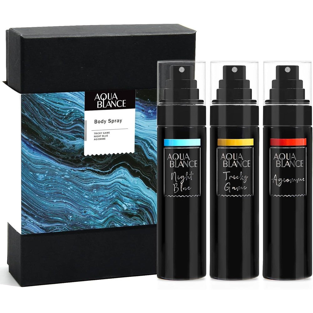AQUA BLANCE Men's Body Spray pack of 3 front view showing Tricky Game Blue and Agiomme bottles