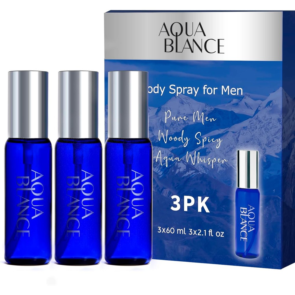 Aqua Blance Body Spray for Men three pack travel set front view showing premium grooming packaging.