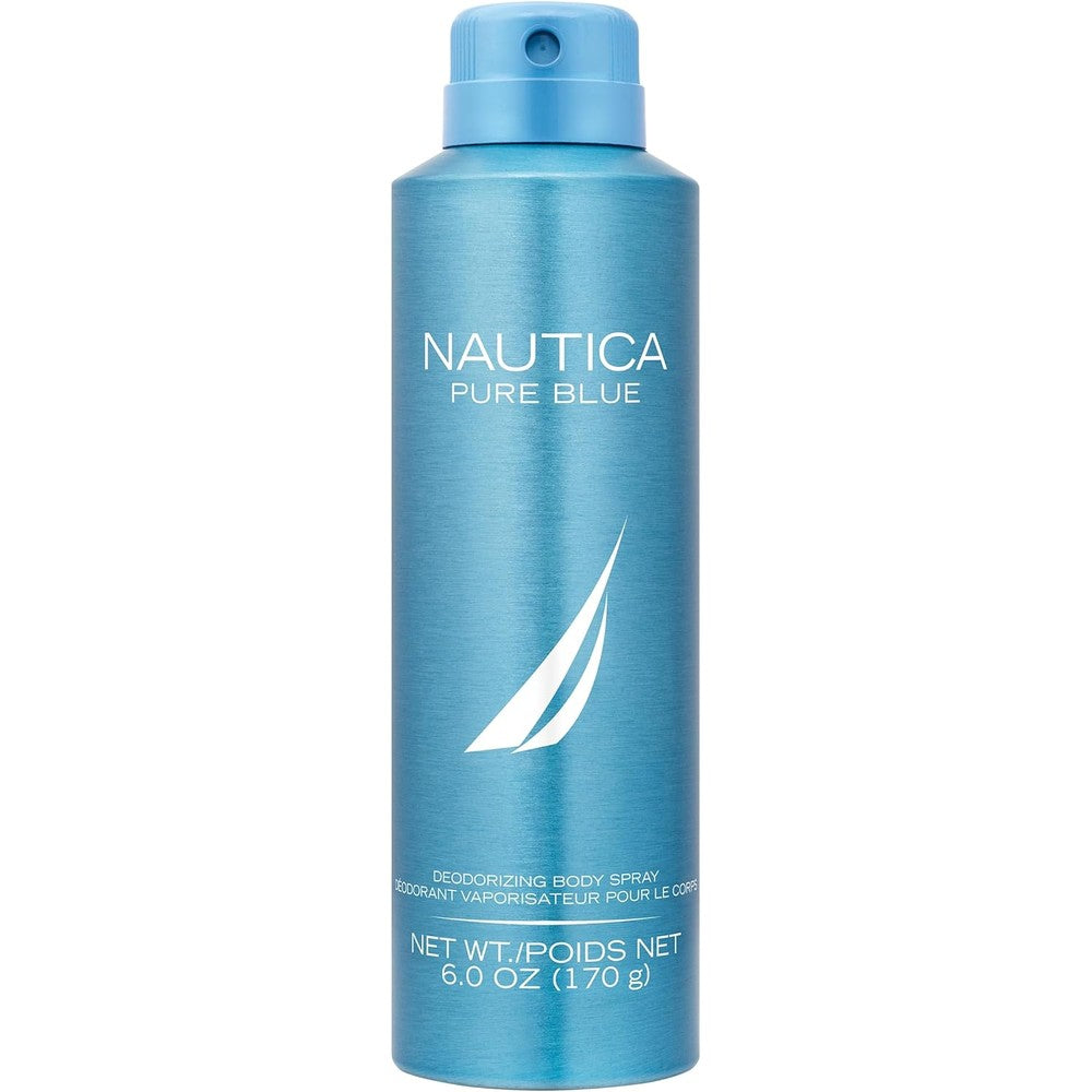 Nautica Pure Blue Deodorant Body Spray for men front view of the 6 fluid ounce aerosol can