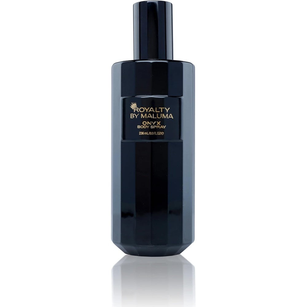 Royalty By Maluma Onyx Body Spray front view black geometric bottle