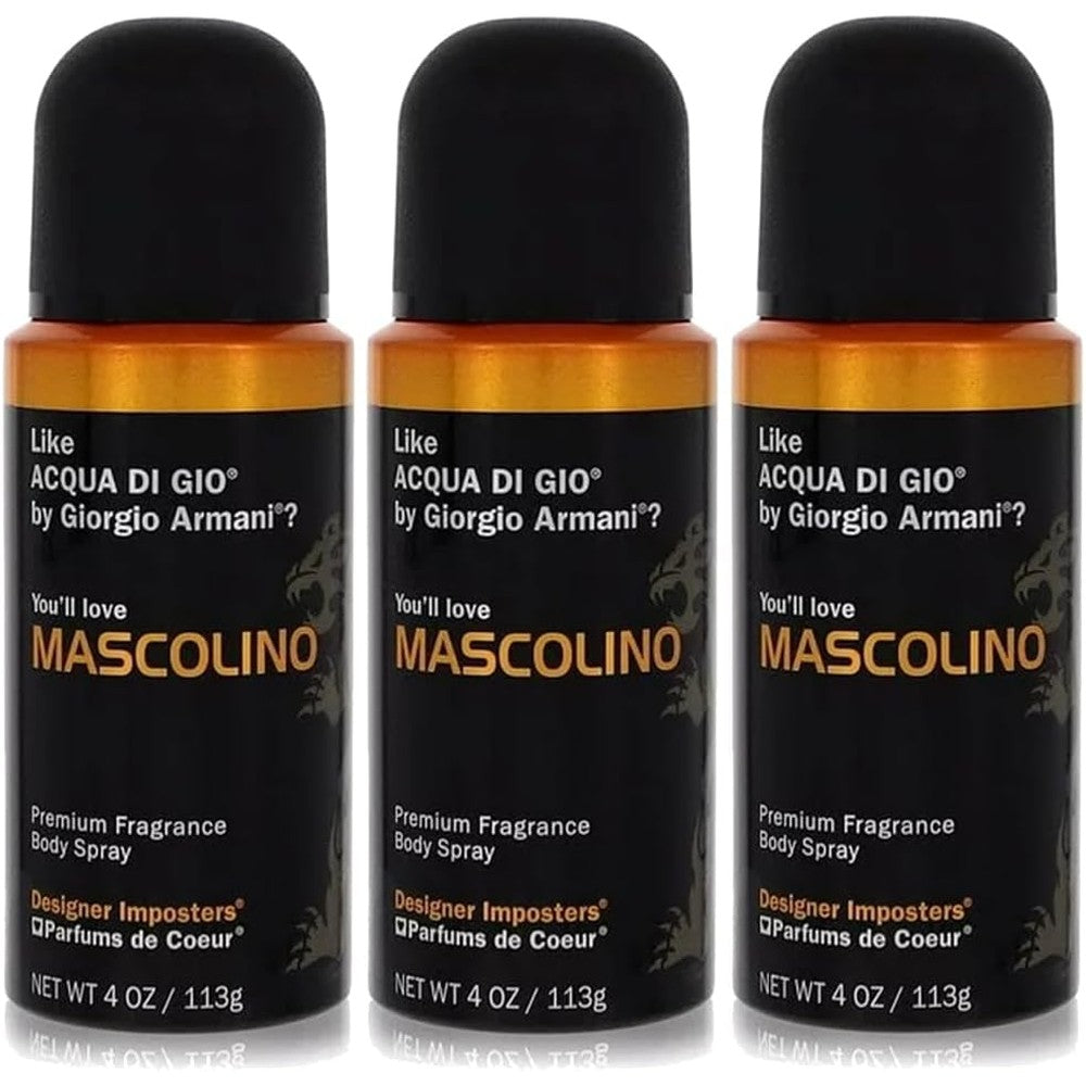 Parfums De Coeur Bod Man Mascolino Fragrance Body Spray pack of three front view