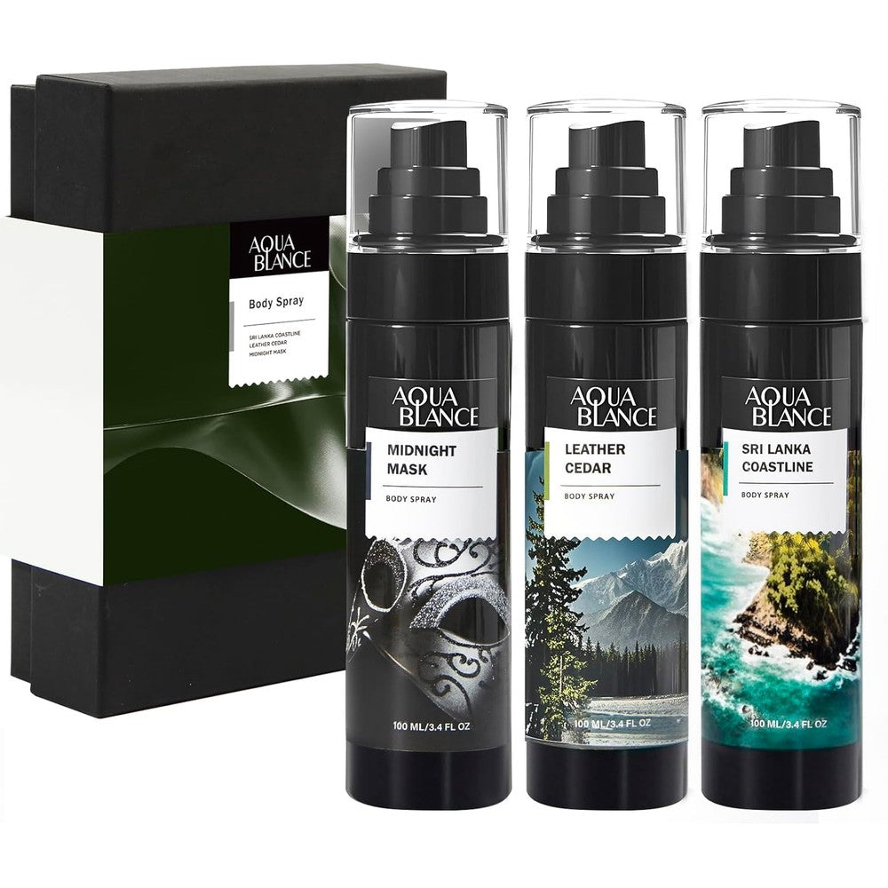 Aqua Blance body spray for men front view of three pack gift set