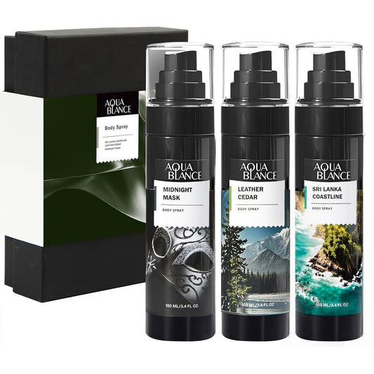 Aqua Blance body spray for men front view of three pack gift set