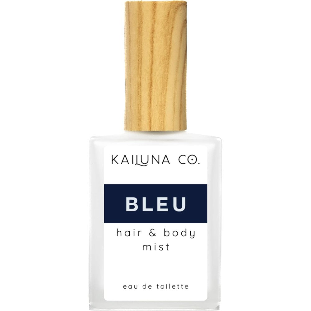 Kailuna Co. Bleu for Men Natural Hair and Body Mist Spray front view showing minimalist bottle design and premium wooden cap