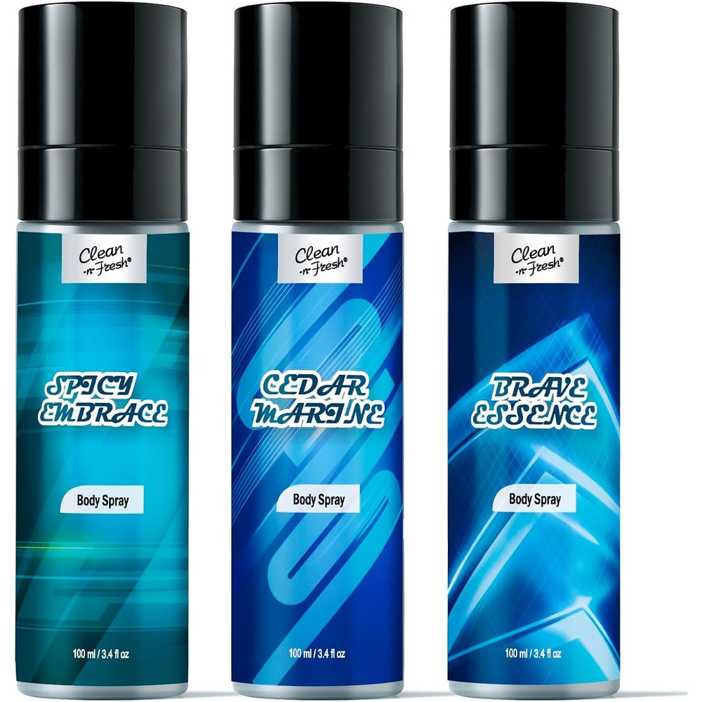 Clean-n-Fresh body spray for men pack of three front view displaying the cedar marine packaging.