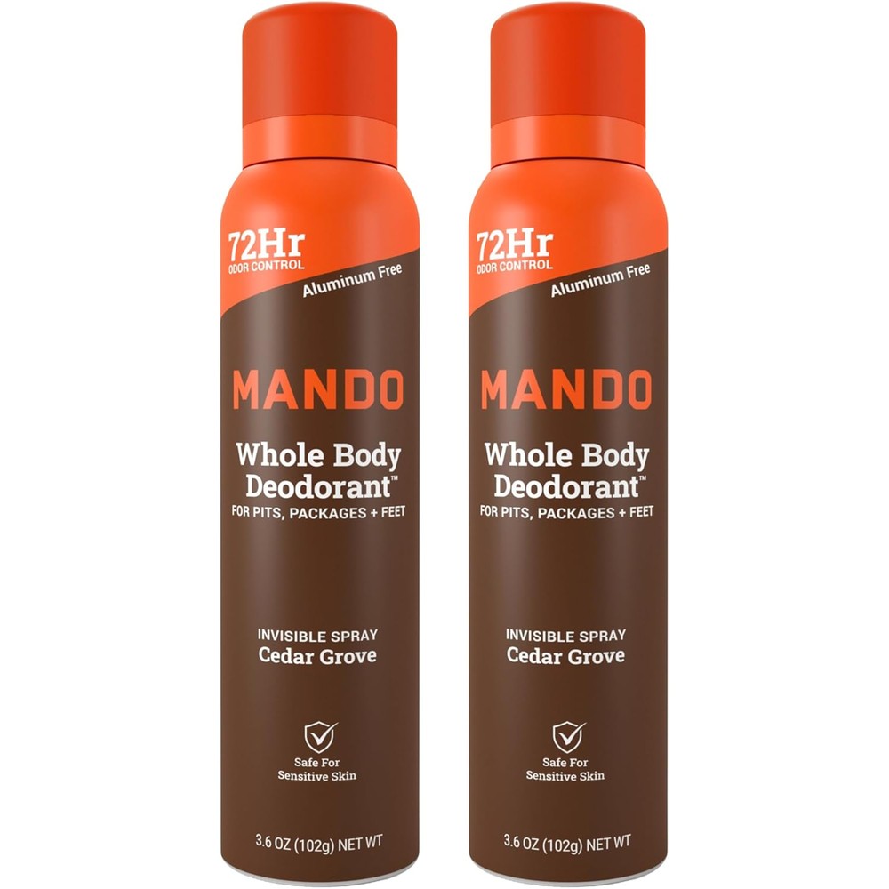 Mando Whole Body Deodorant Spray for Men front view of twin pack in Cedar Grove scent