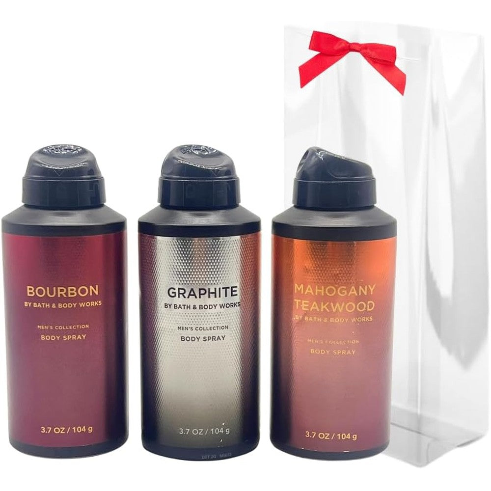 Bath and Body Works Men Collection Deodorizing Body Spray three piece gift set front view featuring premium packaging.
