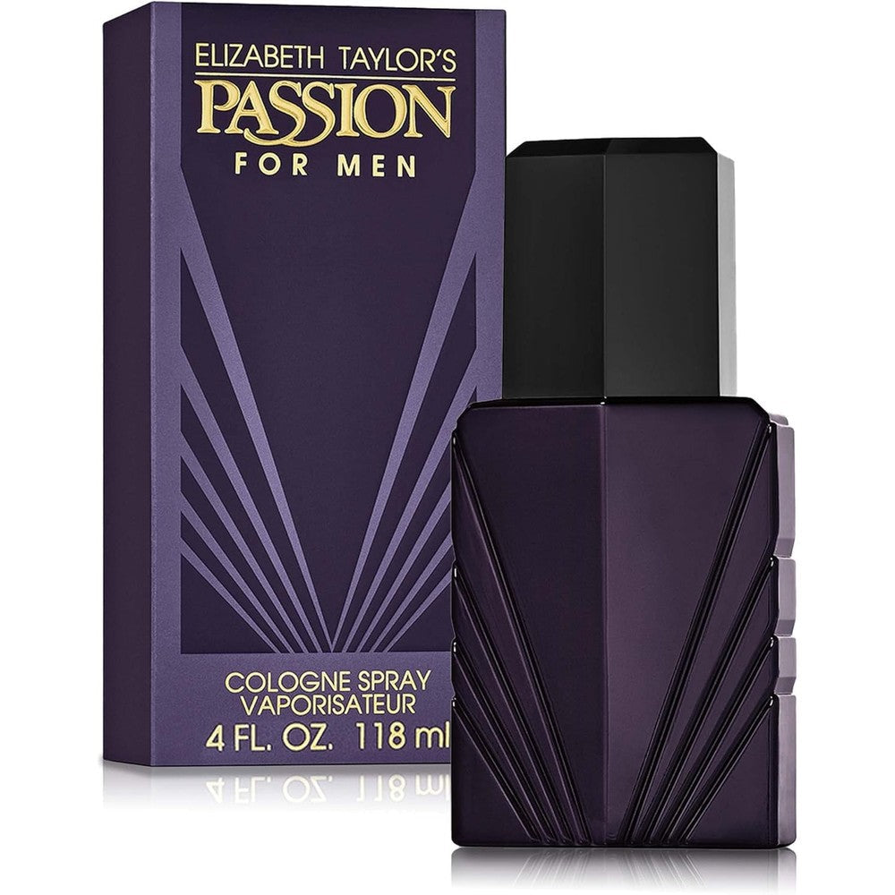 Elizabeth Taylor Passion for Men Eau de Cologne Spray front view showing the deep purple classic bottle design.