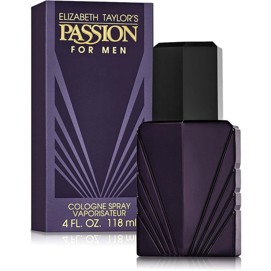 Elizabeth Taylor Passion for Men Eau de Cologne Spray front view showing the deep purple classic bottle design.