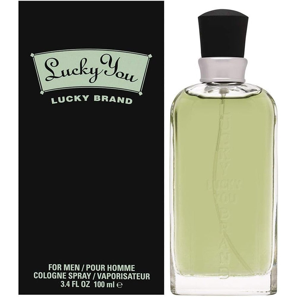 Lucky Brand Lucky You Cologne Spray For Men 3.4 Ounce front view bottle showing green liquid with black cap