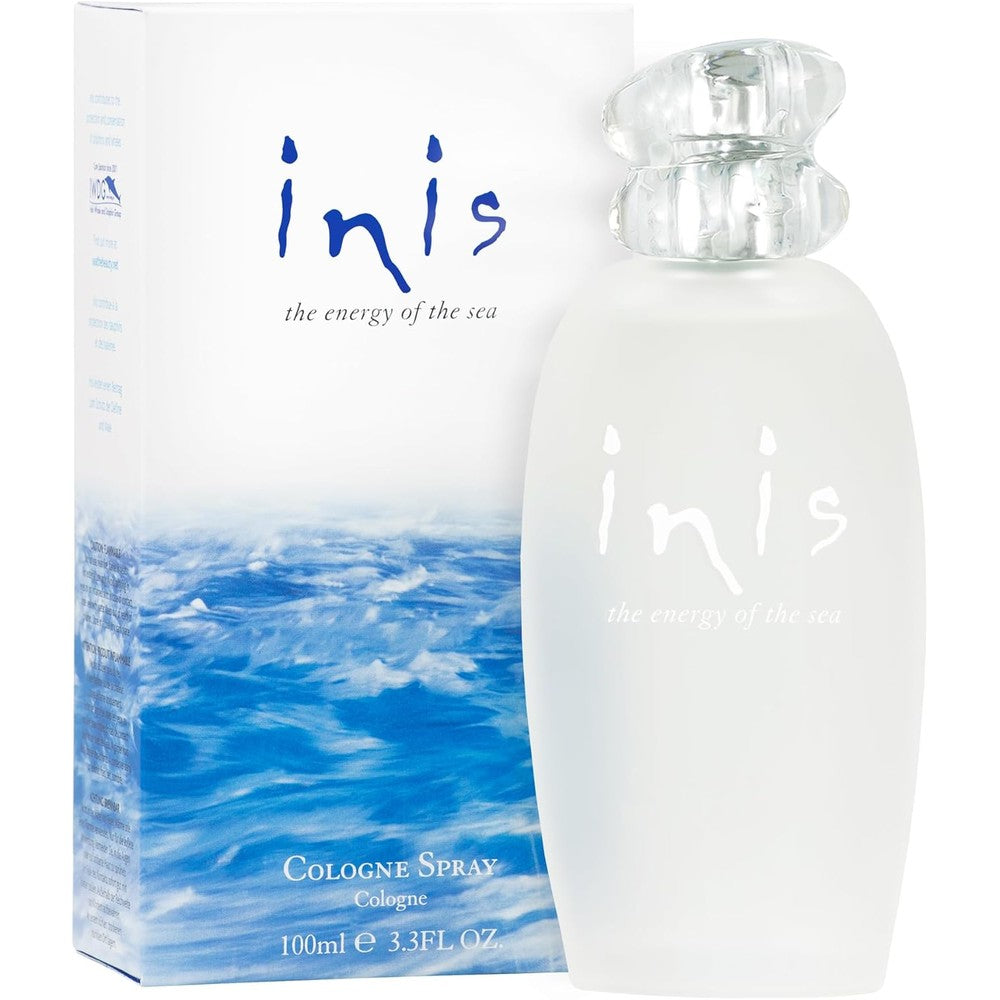 Inis The Energy Of The Sea Cologne Spray front view showing the frosted sea glass bottle packaging.