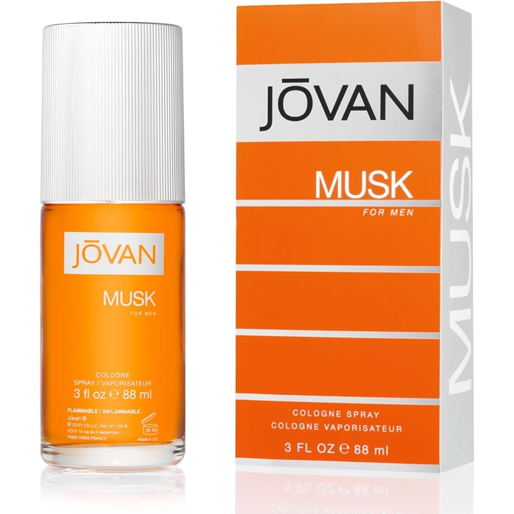 Jovan Musk for Men Eau de Cologne Spray 3 Fluid Ounce bottle front view showing the classic amber orange liquid