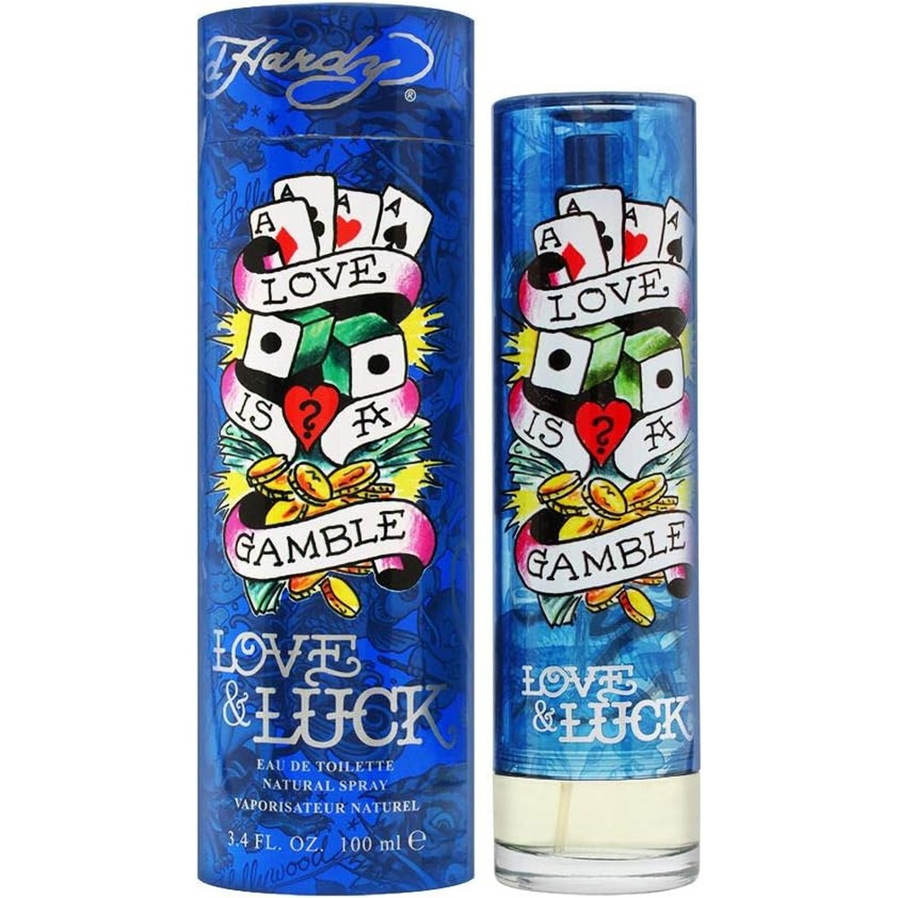 Ed Hardy Love and Luck Eau De Toilette Spray for Men front view showcasing the distinct purple bottle with tattoo artwork