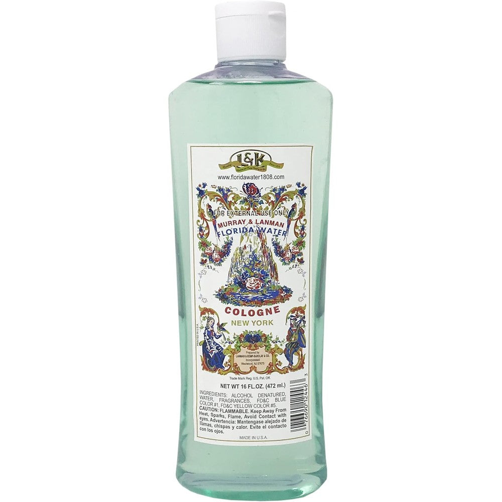 Murray and Lanman Florida Water Cologne 16 Fluid Ounce front view bottle showing the iconic traditional label graphic