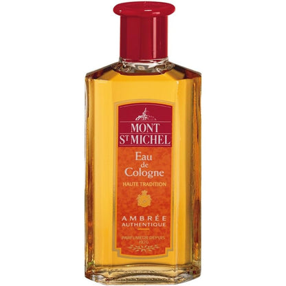 Mont St Michel Ambrée Authentique Eau de Cologne 250ml glass bottle front view showing authentic French amber fragrance branding.