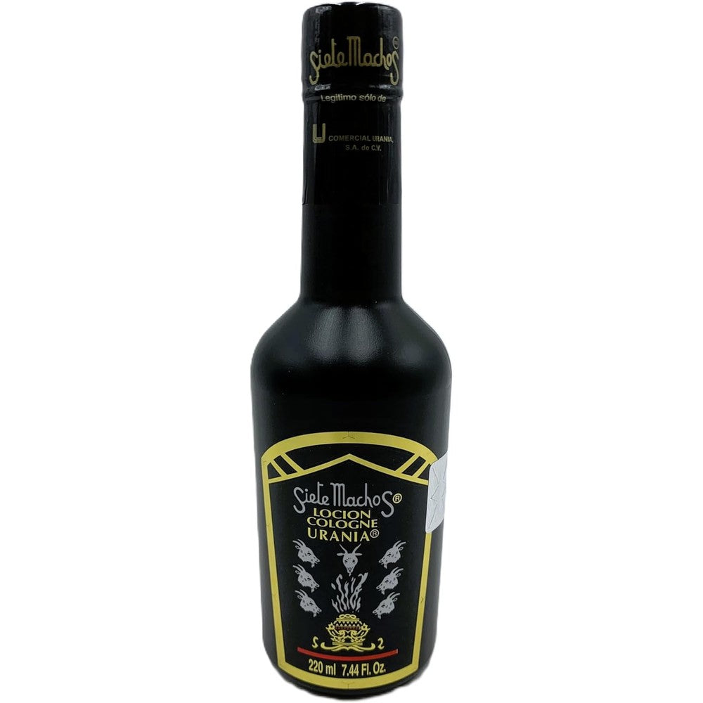 Siete Machos URANIA Original Cologne 220 Milliliters front view featuring the iconic black label with yellow accents and goat imagery.