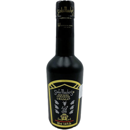 Siete Machos URANIA Original Cologne 220 Milliliters front view featuring the iconic black label with yellow accents and goat imagery.