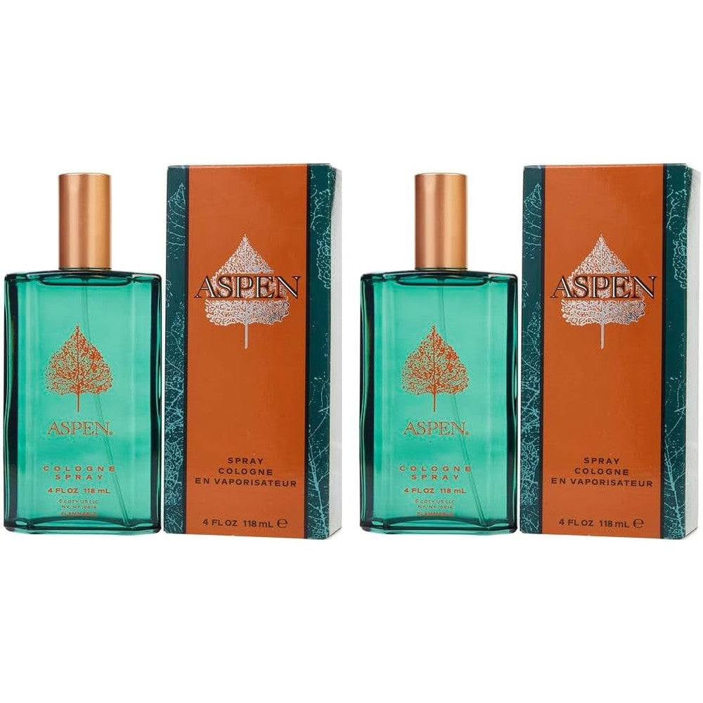Coty Aspen For Men Eau De Cologne Spray twin pack front view showcasing the classic green bottles and leaf logo packaging.