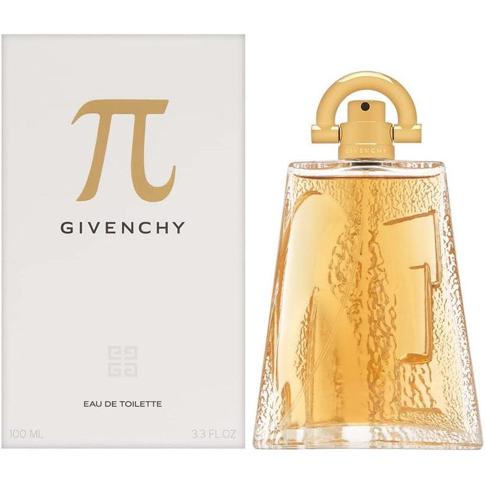 Givenchy Pi For Men Eau De Toilette Spray in its iconic geometric pyramid-shaped glass bottle, front view.