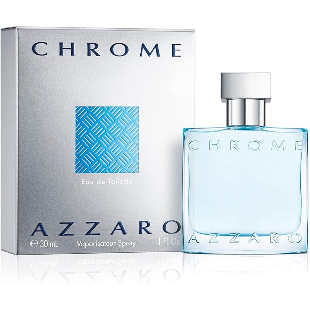 Azzaro Chrome Eau de Toilette thirty milliliter bottle front view showcasing the clear glass container and metallic cap.