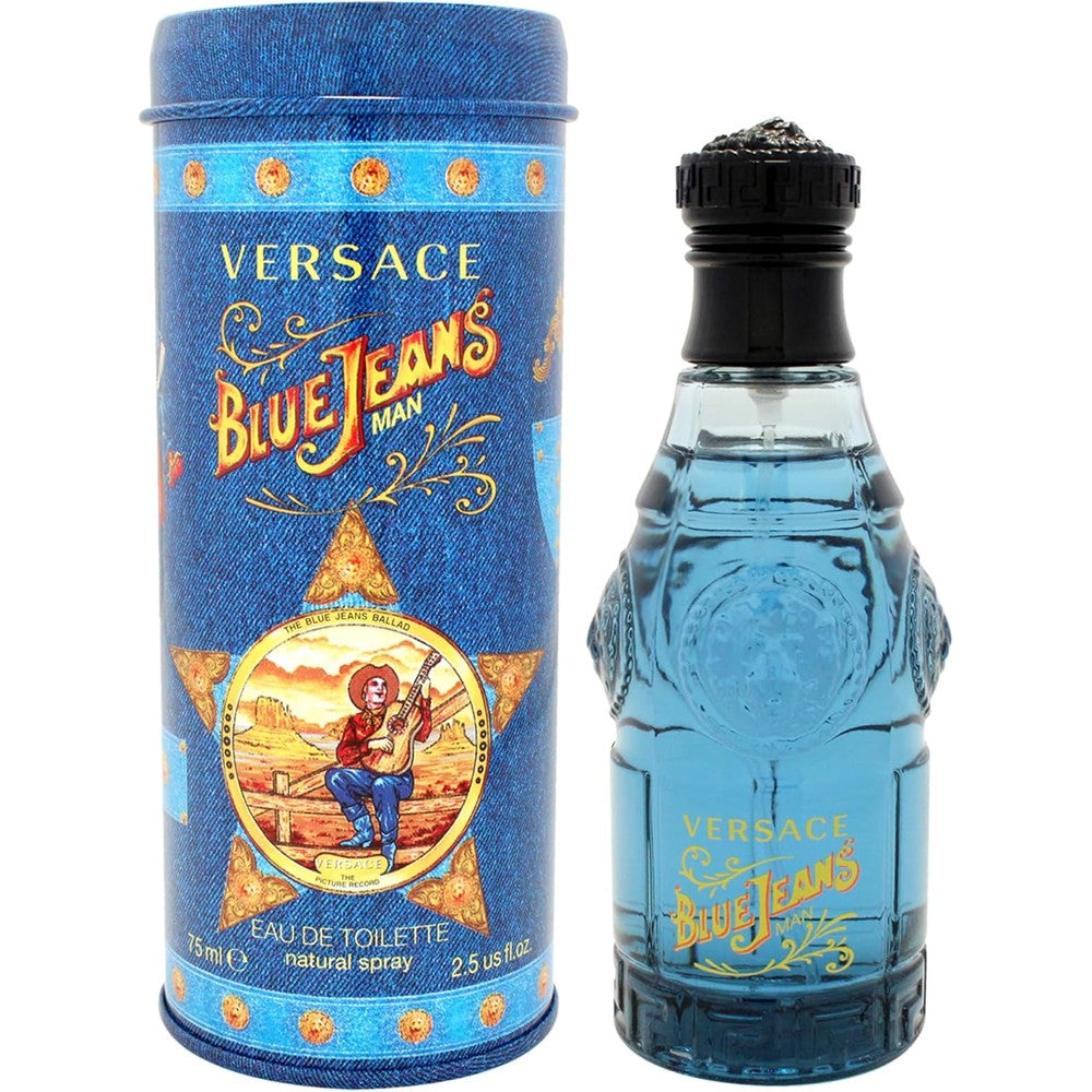 Versace Blue Jeans Eau De Toilette for Men 2.5 Ounces front view showing the vintage glass bottle and blue collectible tin.