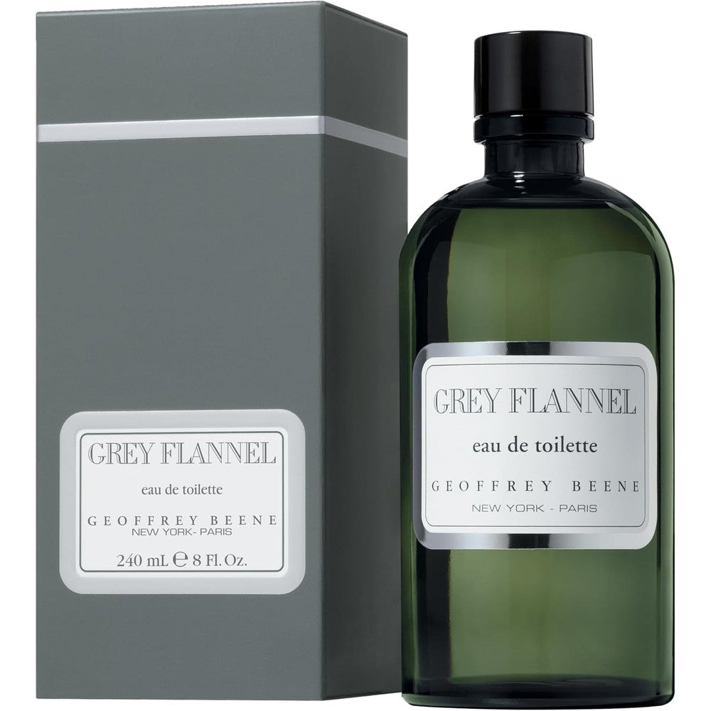 Geoffrey Beene Grey Flannel Eau De Toilette Splash eight fluid ounce front view classic bottle packaging