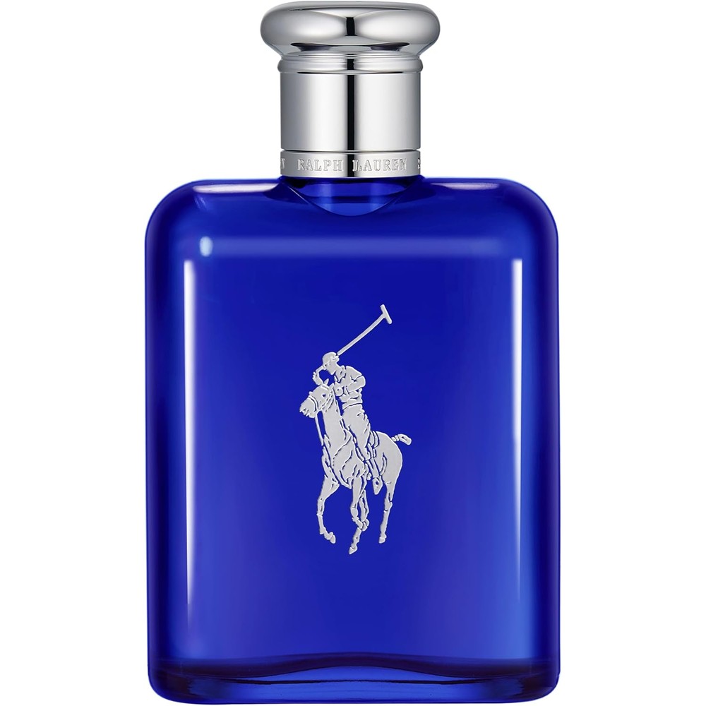 Ralph Lauren Polo Blue Eau de Toilette front view of premium blue glass bottle with signature silver cap