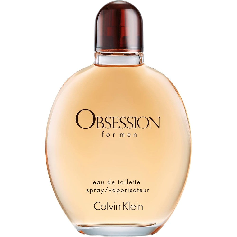 Calvin Klein Obsession for Men Eau de Toilette front view of the iconic amber colored perfume bottle
