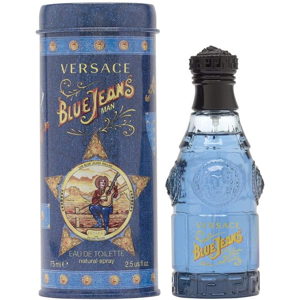 Versace Blue Jeans Eau De Toilette 2.5 Ounce front view bottle with iconic collectible blue tin container