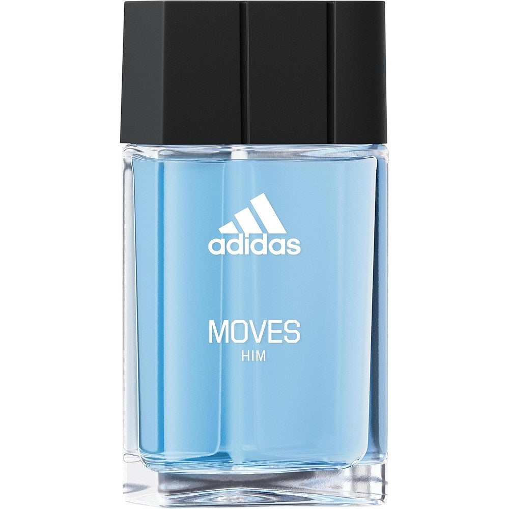 Adidas Moves for Him Eau de Toilette front view showing the sporty clear bottle design