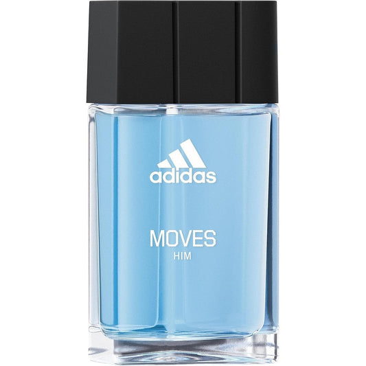 Adidas Moves for Him Eau de Toilette front view showing the sporty clear bottle design