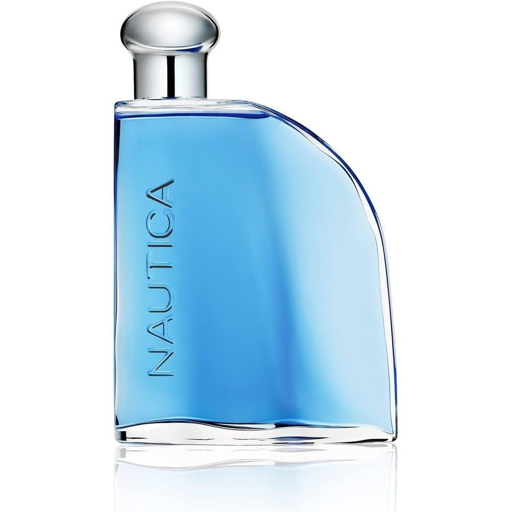 Nautica Blue Eau de Toilette front view of the 3.4 fluid ounce bottle showing its distinct sail shape and blue liquid fragrance.