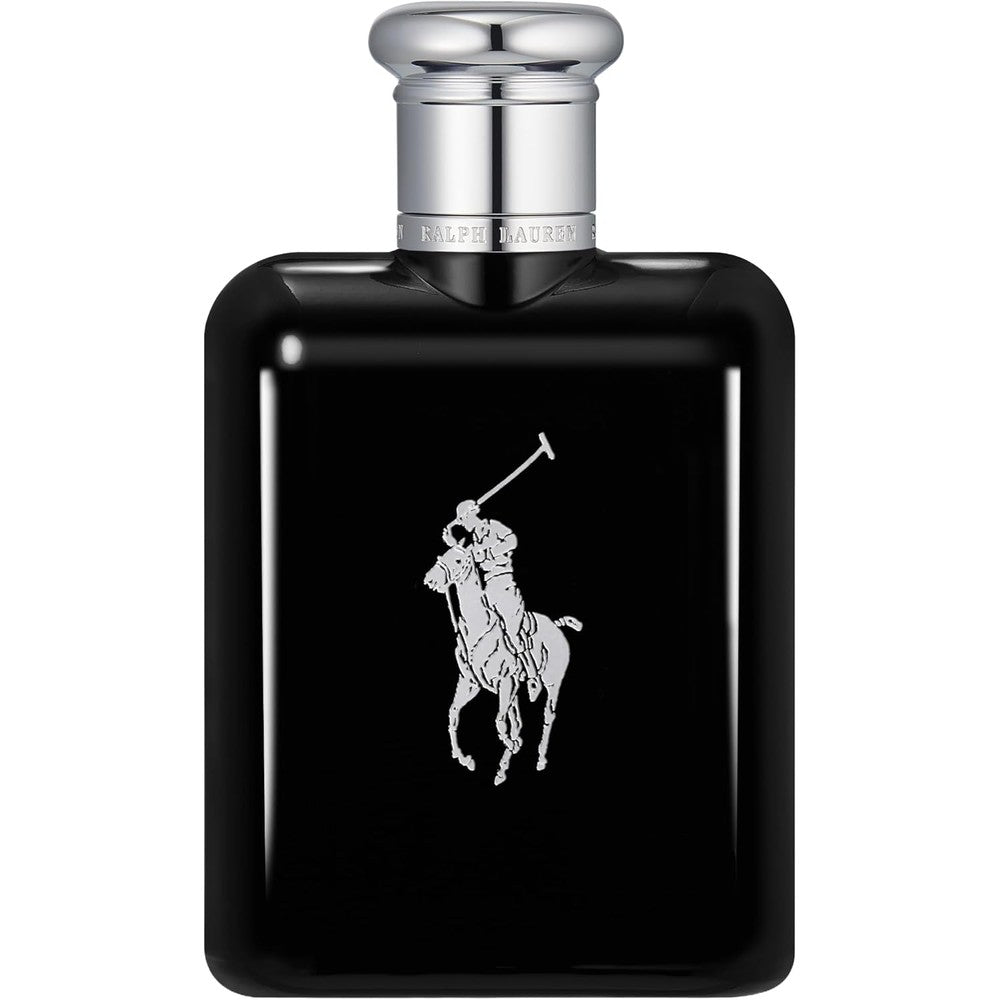 Ralph Lauren Polo Black Eau de Toilette bottle front view showing silver polo player logo